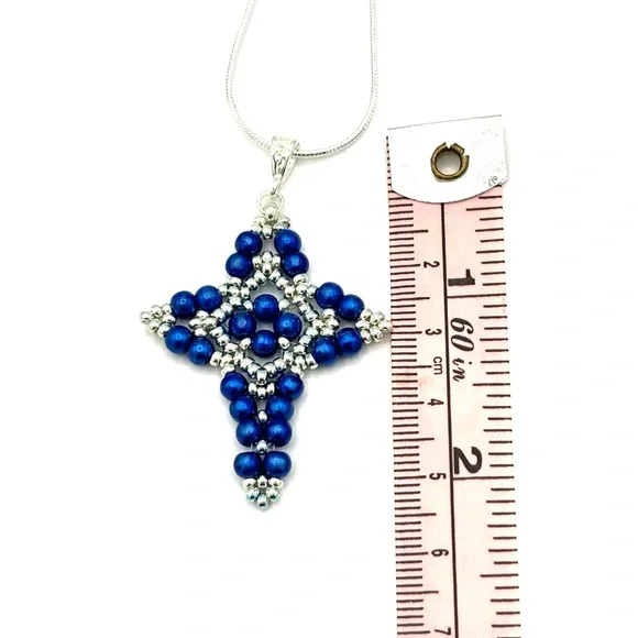 Hand Crafted Blue Pearl Cross Pendant Necklace - Picture 7 of 8